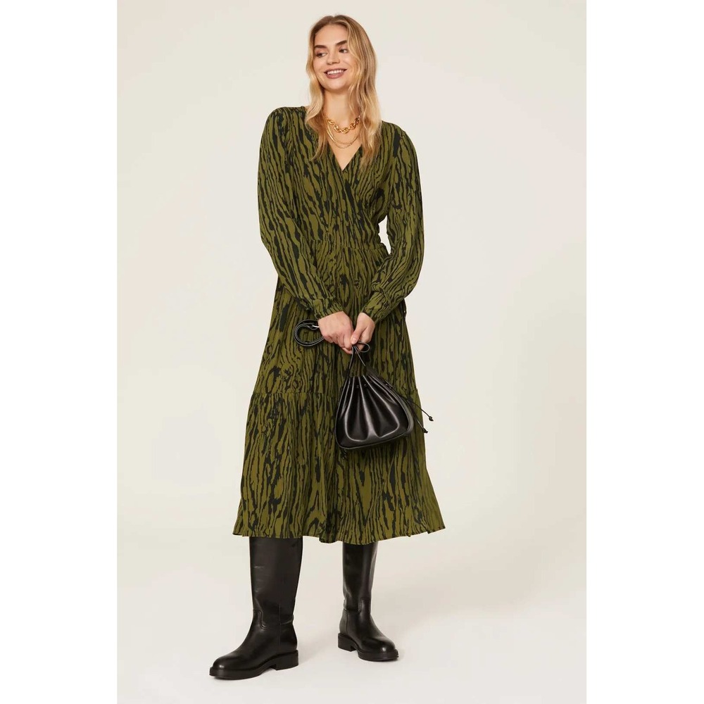 BAUM UND PFERDGARTEN Alessia Wrap Olive Wood Print Black Tiger Stripe Dress 40